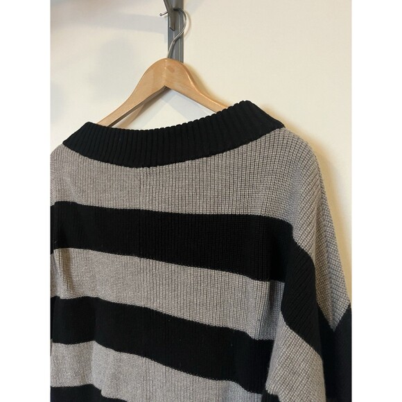 Tory Burch Black Gray Striped Elbow Dolman Sleeve Merino Wool Sweater Size Med - Picture 2 of 9